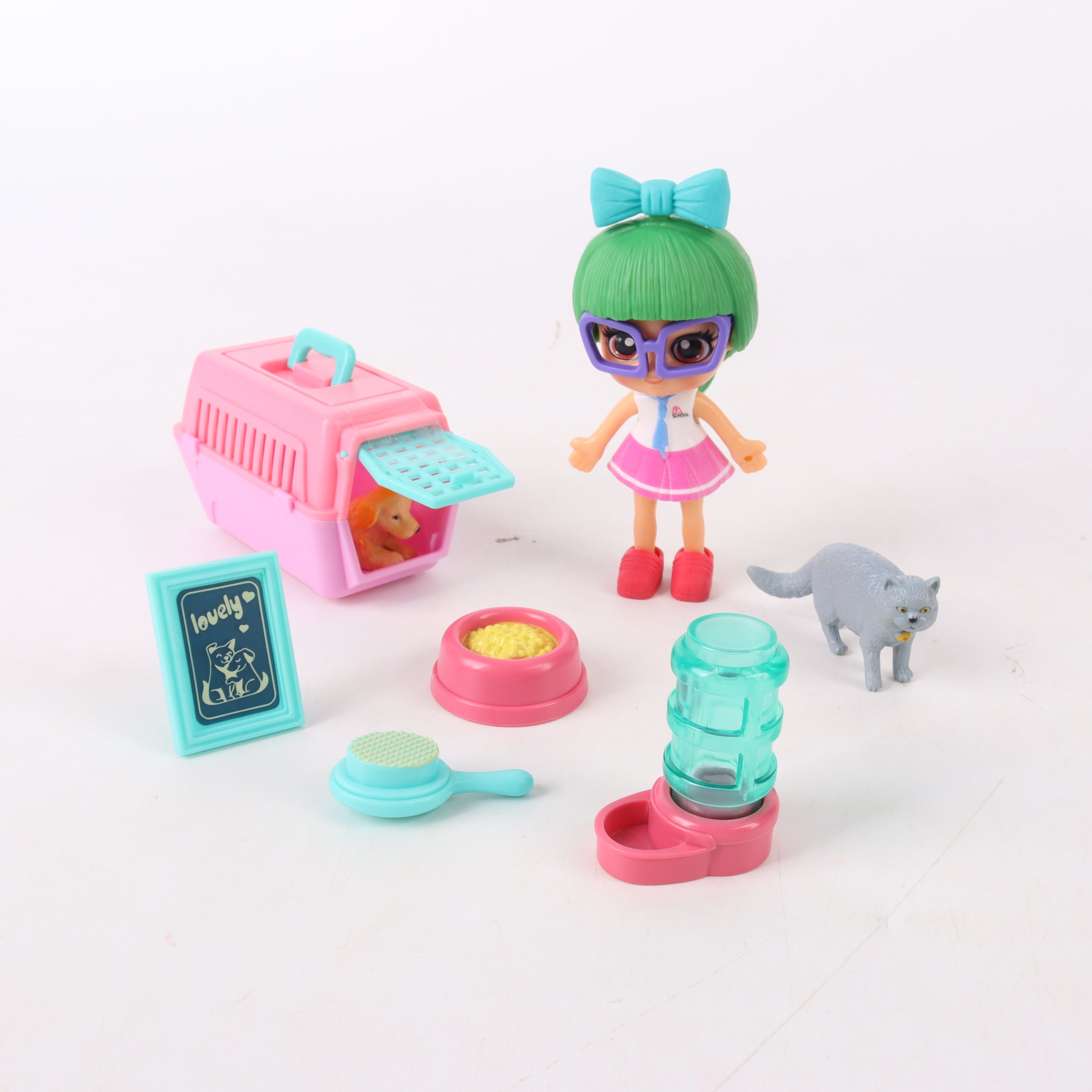 Set de juego muñeca con mascota y accesorios
