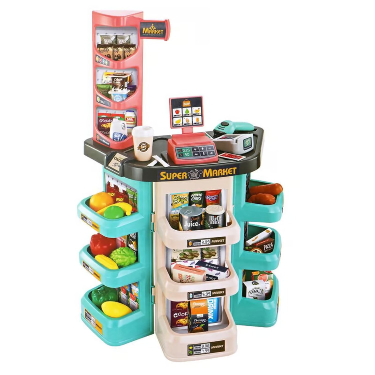 Set Supermercado. Con escáner, terminal de punto de venta, canasto de compras.