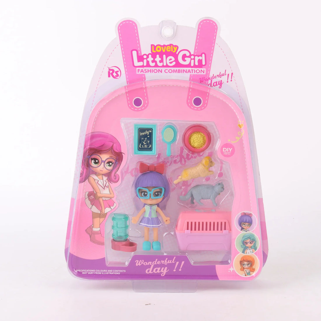 Set de juego muñeca con mascota y accesorios Morado