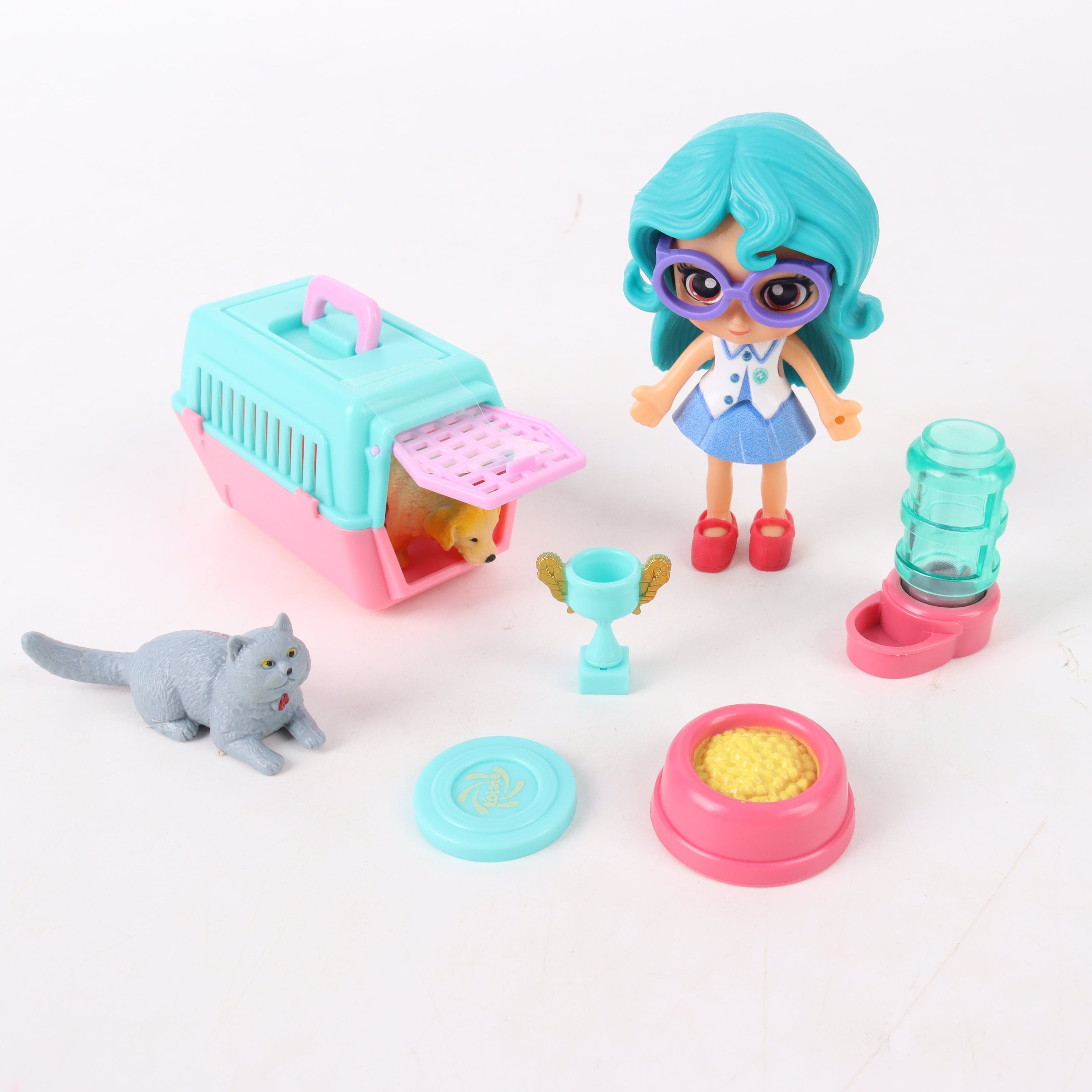 Set de juego muñeca con mascota y accesorios