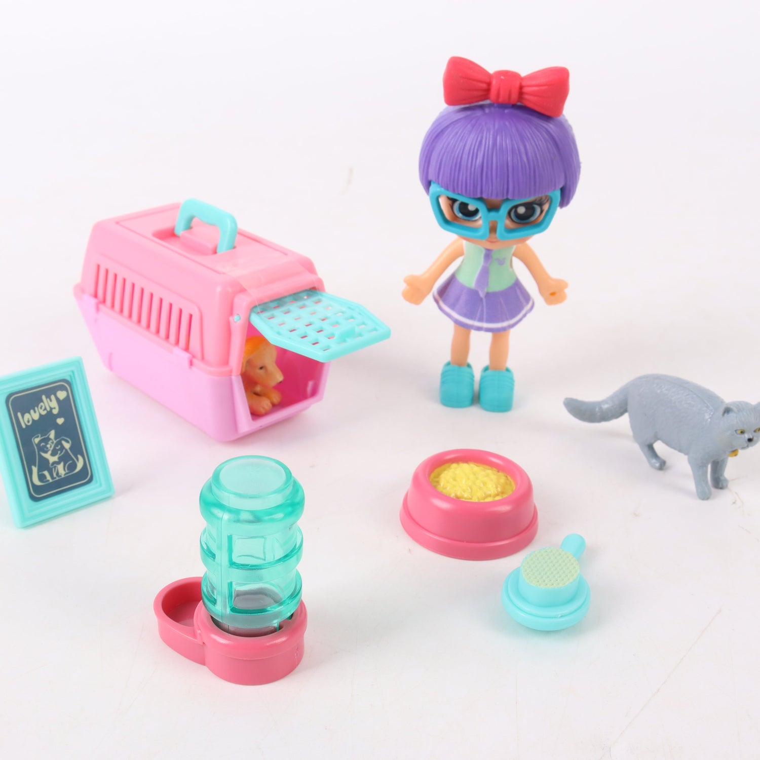 Set de juego muñeca con mascota y accesorios